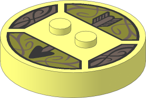 ~Electric Brick  4 x  4 x  0.667 Round - Top with  2 Studs with Dark Brown Arrow on Olive Green Background Pattern