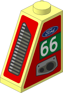 Slope Brick 65  2 x  1 x  2 with Ford Logo, Grey Exhaust Pipes and White Number 66 in Green Rectangle and Grey Air Vents on Red Background Left Sticker