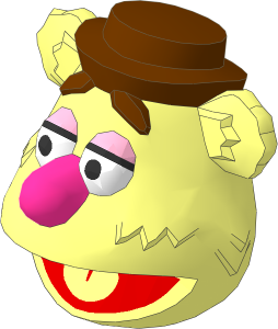 Minifig Head Muppet Bear (Fozzie) with Reddish Brown Hat and Eyebrows and Dark Pink Nose Pattern