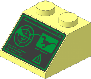 Slope Brick 45  2 x  2 with Black and Green Control Screen with Radar, Dinosaur and Warning Sign Pattern
