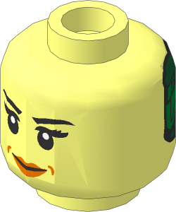 Minifig Head with Black Eyebrows, Eyelashes, Dark Orange Lips/Green and Gold Robot with Red Eyes 2-Sided Pattern
