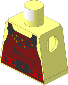 Minifig Torso with Dark Red Overalls with Tools, Bead Necklace, Medium Nougat Belt and Helmet and Crossed Hammers on Back Pattern