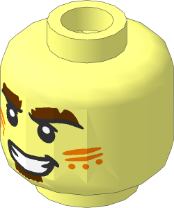 Minifig Head with Reddish Brown Bushy Eyebrows and Soul Patch, Metallic Light Blue Lines and Dots on Cheeks, Open Mouth Smile with Teeth Pattern