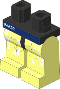 Minifig Hips and Legs with Racing Suit with White Logos and Triangles and Blue Dotted Lines Pattern