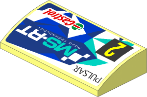 Slope Brick Curved  2 x  4 with Yellow "2" on Black Square and Logos on Blue and White Background Left Sticker