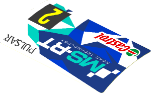 Sticker  1.9 x  3.8 with Yellow "2" on Black Square and Logos on Blue and White Background Right (Formed)