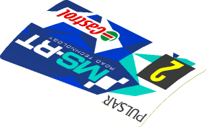 Sticker  1.9 x  3.8 with Yellow "2" on Black Square and Logos on Blue and White Background Left (Formed)