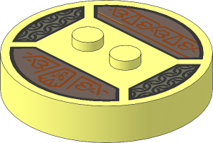 Brick  4 x  4 x  0.667 Round with RFID Tag and  2 Studs with Copper Symbols and Silver Wavy Lines Pattern