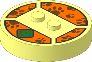 ~Electric Brick  4 x  4 x  0.667 Round - Top with  2 Studs with Metallic Gold "SD" Emblem and Medium Azure Paw Prints on Orange Background Pattern