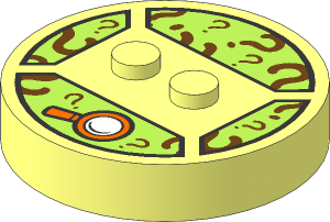 Brick  4 x  4 x  0.667 Round with RFID Tag and  2 Studs with Magnifying Glass and Medium Azure Question Marks on Lime Background Pattern