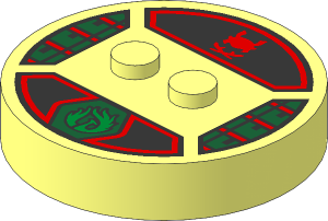 Brick  4 x  4 x  0.667 Round with RFID Tag and  2 Studs with Gold Phoenix and Red Samurai Helmet Pattern