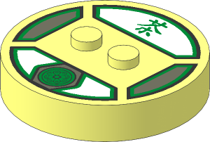 Brick  4 x  4 x  0.667 Round with RFID Tag and  2 Studs with Gold Lotus and "Tea" Logogram on White Background Pattern