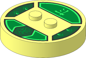 Brick  4 x  4 x  0.667 Round with RFID Tag and  2 Studs with Gold Dragon Head and Ninjago Logogram "Energy" Pattern