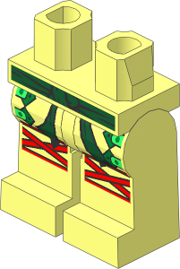 Minifig Hips and Legs with Dark Green Sash, Gold Buckles and Nougat Knee Wrappings Pattern