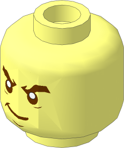 Minifig Head with Reddish Brown Bushy Eyebrows, White Pupils and Smirk Pattern