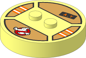 ~Electric Brick  4 x  4 x  0.667 Round - Top with  2 Studs with Ghostbusters Logo, Orange and Silver Stripes and "A.Y" ID Badge Pattern