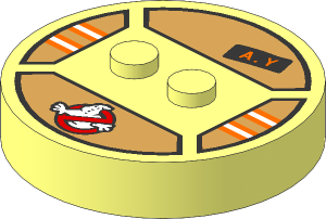 Brick  4 x  4 x  0.667 Round with RFID Tag and  2 Studs with Ghostbusters Logo, Orange and Silver Stripes and "A.Y" ID Badge Pattern