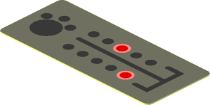 Sticker  0.7 x  1.7 with Red, Black and Metallic Silver Buttons on Dark Bluish Grey Background