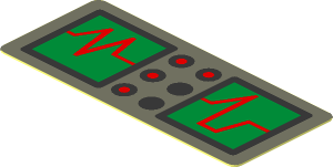 Sticker  0.7 x  1.7 with Metallic Gold, Red and Orange Level Displays, Black and Red Buttons on Dark Bluish Grey Background