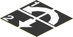 Sticker  1.9 x  1.9 with White Arrows Curved Counterclockwise and Down, "1", and "2" on Black Background