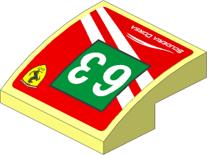 Slope Brick Curved  2 x  2 x  0.667 with Ferrari Logo and White 63 on Green Square and White Stripes on Red Background Right Sticker