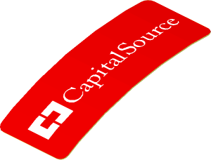 Sticker  0.8 x  1.9 with White CapitalSource Logo on Red Background Right (Formed)
