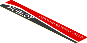 Sticker  0.6 x  3.8 with White "Ferrari Beverly Hills" and White Stripe on Black and Red Background