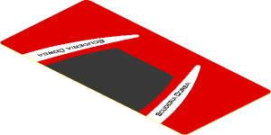 Sticker  1.8 x  3.8 with Black Trapezoid and Black "Scuderia Corsa" on White Stripes on Red Background