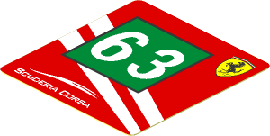Sticker  1.9 x  1.8 with Ferrari Logo and White 63 on Green Square and White Stripes on Red Background Right