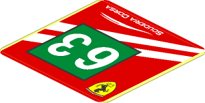 Sticker  1.9 x  1.8 with Ferrari Logo and White 63 on Green Square and White Stripes on Red Background Left