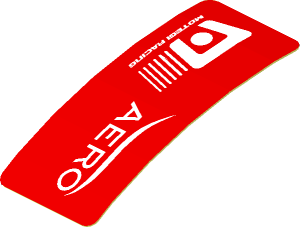 Sticker  0.8 x  1.9 with White Logos on Red Background Right (Formed)