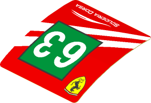 Sticker  1.9 x  1.8 with Ferrari Logo and White 63 on Green Square and White Stripes on Red Background Left (Formed)