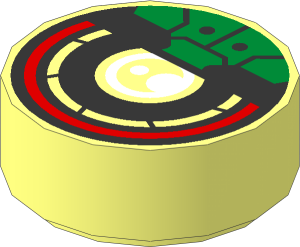 Tile  1 x  1 Round with White, Metallic Silver and Metallic Gold Robotic Eye with Red Outside Circle Pattern