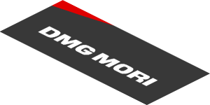~Sticker  1.9 x  0.8 with Black Trapezoid with White "DMG MORI" and Red Stripe on White Background Right - Fifth Face