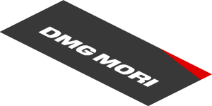 ~Sticker  1.9 x  0.8 with Black Trapezoid with White "DMG MORI" and Red Stripe on White Background Left - Fifth Face