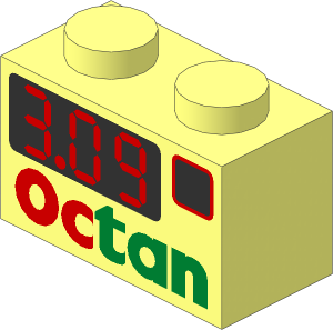 Brick  1 x  2 with Red "3.09" in Black Display and Octan Text Pattern