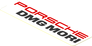 Sticker  1.0 x  3.8 with Red "PORSCHE" and Black "DMG MORI" on White Background Right