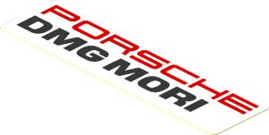 Sticker  1.0 x  3.8 with Red "PORSCHE" and Black "DMG MORI" on White Background Left