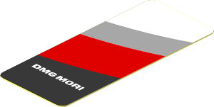 Sticker  1.9 x  0.8 with Black Trapezoid with White "DMG MORI" and Red Stripe on White Background Right