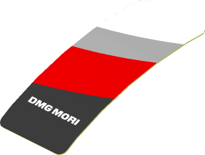 Sticker  1.9 x  0.8 with Black Trapezoid with White "DMG MORI" and Red Stripe on White Background Right (Formed)