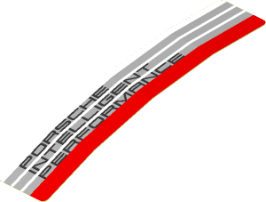 Sticker  0.8 x  4.0 with Black "PORSCHE INTELLIGENT PERFORMANCE" on Grey Stripes and Red Stripe on White Background Left (Formed)