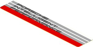 Sticker  0.8 x  4.0 with Black "PORSCHE INTELLIGENT PERFORMANCE" on Grey Stripes and Red Stripe on White Background Left