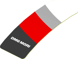 Sticker  1.9 x  0.8 with Black Trapezoid with White "DMG MORI" and Red Stripe on White Background Left (Formed)