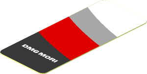 Sticker  1.9 x  0.8 with Black Trapezoid with White "DMG MORI" and Red Stripe on White Background Left