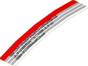 Sticker  0.8 x  4.0 with Black "PORSCHE INTELLIGENT PERFORMANCE" on Grey Stripes and Red Stripe on White Background Right (Formed)