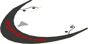 Sticker  2.4 x  3.8 with Black Arc with Red "PORSCHE", Black Rivets and Grey Air Vent on White Background