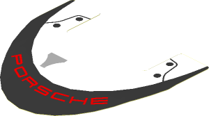 Sticker  2.4 x  3.8 with Black Arc with Red "PORSCHE", Black Rivets and Grey Air Vent on White Background (Formed)