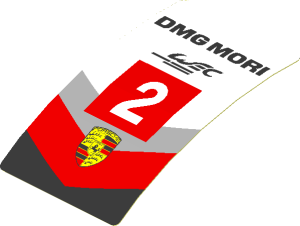Sticker  3.0 x  1.8 with Porsche Logo in Black, Red and Grey Stripes and White "2" in Red Square on White Background (Formed)