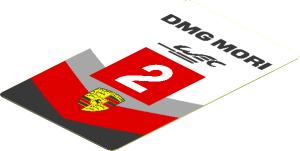 Sticker  3.0 x  1.8 with Porsche Logo in Black, Red and Grey Stripes and White "2" in Red Square on White Background