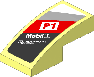 Slope Brick Curved  2 x  1 with White Logos in White, Grey and Red Stripes on Black Background Left Sticker
